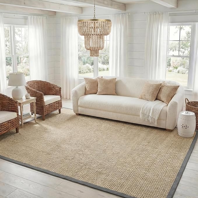 SAFAVIEH Area Rug 8x10 - Natural Fiber Collection - Large - Natural & Dark Grey, Seagrass, Basketweave Pattern (NF114Q)