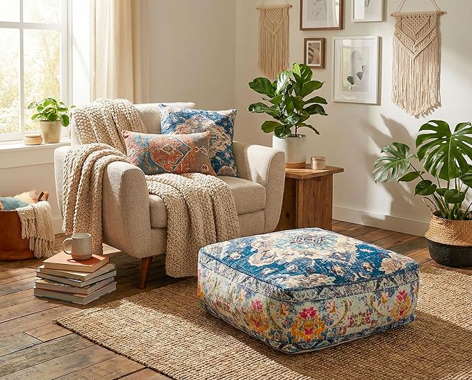 Blue Square Floor Pillow Cover Large Yoga Décor Cushion Moroccan Pouf Ottoman Boho Furniture Perfect for Living Room, Bedroom, Nursary or Children Room Seating Area Beanbag Footstool 24x8 Unstuffed