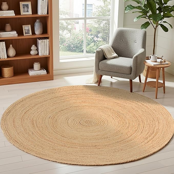 Ramanta Home Jute Braided Rug 6 Ft Round – Large Natural Farmhouse Area Rug, Handwoven Reversible Carpet for Living & Dinning Room, Bedroom, Kitchen, Nursery, Entryway – Boho Coastal Neutral Floor Mat