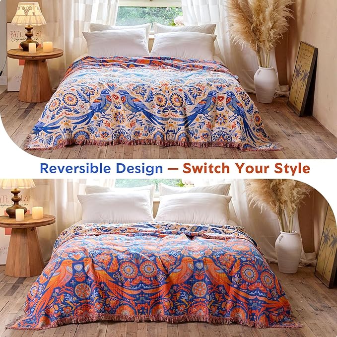 Boho Throw Blanket 50"x60" 100% Cotton Couch Floral Blanket with Flower Bird Pattern, Reversible Soft Breathable Lightweight Spring Decorative Tassel Blankets for Chair Sofa Bed Decor All Season