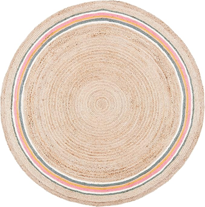 SAFAVIEH Natural Fiber Round Collection 7' Round Fuchsia / Beige NF806R Handmade Boho Charm Braided Jute Area Rug