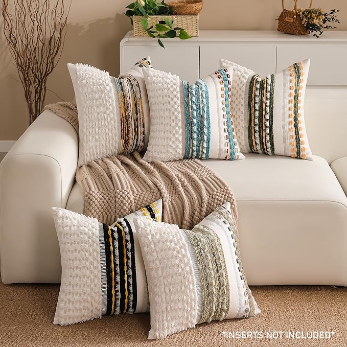 Boho Chenille Tufted Couch Throw Pillow Covers 18x18 Inch Set of 2 Farmhouse Striped Decorative Pillow Covers Accent Neutral Pillowcase Brown Cushion Cover for Living Room Sofa Bed