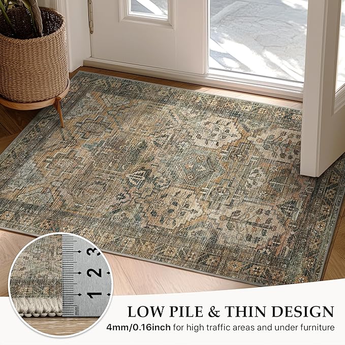 GENIMO 3x8 Runner Rugs for Hallway, Machine Washable Non Slip Vintage Rugs, Low Pile Lightweight Soft Print Rug for enrtyway, Corridor, Home Office, Kitchen, Warm Taupe