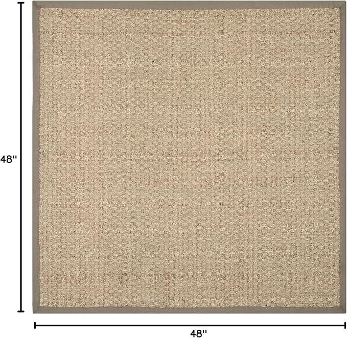 SAFAVIEH Area Rug 4' Square - Natural Fiber Collection - Natural & Grey, Seagrass, Basketweave Pattern with Border (NF114P)