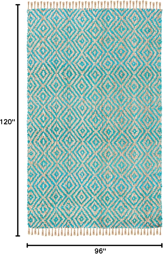 SAFAVIEH Area Rug 8x10 - Natural Fiber Collection - Large - Turquoise & Natural, Handmade Jute, Boho Style, Diamond Pattern, Ideal for Living Room, Bedroom, Dining Space (NF266C)