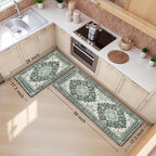Boho Kitchen Mats for Floor 2 Piece Set Anti Fatigue Cushioned PVC Kitchen Rugs Non Slip Waterproof Farmhouse Mats 2/5 Inch Comfort Standing Mat for Sink, Laundry, Office, 17.3"x59"+17.3"x28", Green