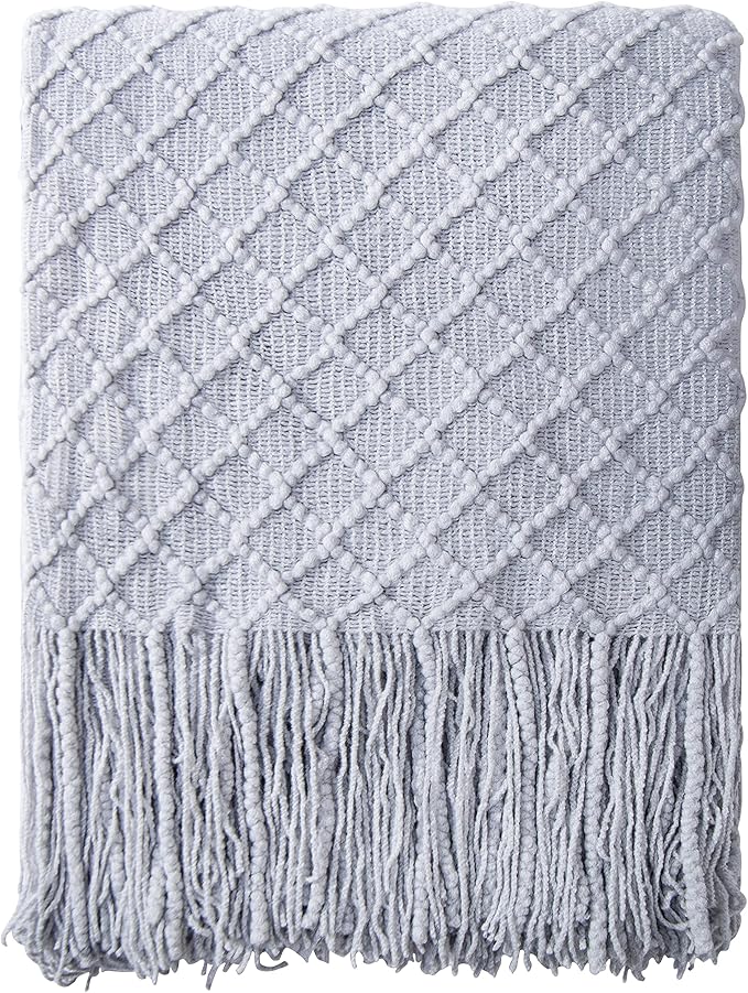 NTBAY Acrylic Knitted Throw Blanket, Lightweight and Soft Cozy Decorative Woven Blanket with Tassels for Travel, Couch, Bed, Sofa, 51x67 Inches, Light Grey Checkered