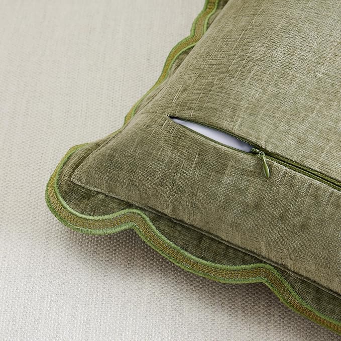 Sage Green Scalloped Pillow Cover Pack of 2 Spring Chenille Decorative Throw Pillow Covers 20x20 Cute Boho Couch Pillow Covers Aesthetic Funky Preppy Pillow Cases for Sofa Living Room