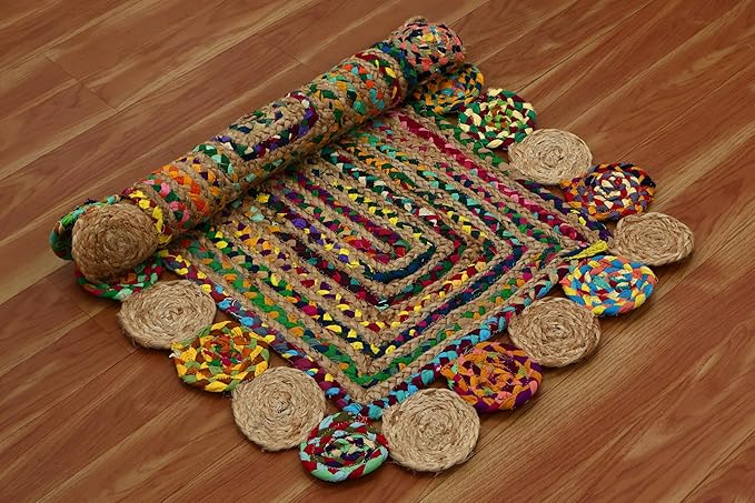 Square Area Rug - 3x3 Feet Multicolor Cape Code Chindi Cotton Jute Rug Geometric Kilim Rug Indoor Outdoor Use Carpet Flatweave Rugs for Bedroom Bedside Custom Mat Dining Table Mat