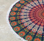 Round Beach Tapestry Turquoise Mandala Throw/Boho Hippie Beach Blanket Roundie/Indian Cotton Bohemian Large Round Table Cloth-Home Decor/Yoga Mat Meditation Picnic Rug (70", Orange And Green)