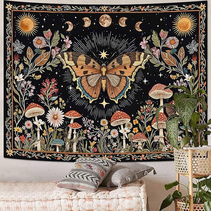 Accnicc Boho Butterfly Tapestry Mushroom Sun and Moon Hippie Wall Tapestry for Bedroom Aesthetic Vintage Floral Plant Small Tapestries Wall Hanging for Dorm Living Room Decor 60 x 44 Inch