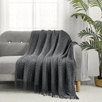 CREVENT Farmhouse Boho Knitted Throw Blanket for Couch Sofa Chair Bed Home Decoration, Soft Warm Cozy Light Weight for Spring Summer Fall (50''X60'' Dark Grey)