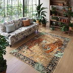Moynesa Tiger 5x7 Area Rugs, Boho Washable Rugs for Living Room, Vintage Soft Dining Room Rug, Non Slip Ultra Thin Stain Resistant Large Floor Carpet for Office Bedroom, Camel