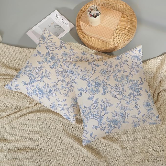 Baby Blue Pillow Covers 20x20 Set of 2 Blue and Cream Floral Chinoiserie Throw Pillows Vintage Rustic Toile Flower Decorative Pillowcase Outdoor Chinoiserie Decor Cushion Case for Couch Sofa