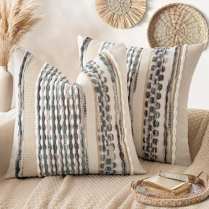 ANRODUO Pack of 2 Boho Decorative Throw Pillow Covers 26x26 Farmhouse Cushion Case Striped Chenille Pillow Cases Square Pillow Covers Accent Neutral Pillowcase for Sofa Couch Bed, Gray Blue Stripe