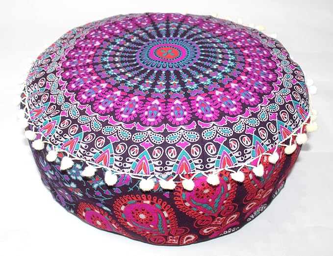 INDIAN CRAFT CASTLE ICC Mandala Barmeri Large Floor Pillow Cover Cushion Meditation Seating Ottoman Throw Cover Hippie Decorative Zipped Bohemian Pouf Ottoman Cases Pink Peacock 16" Round