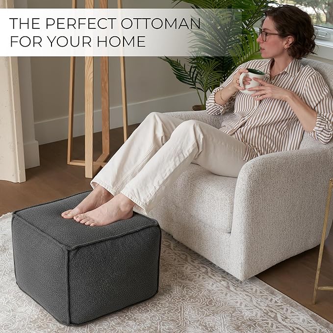 ZICOTO Beautiful Boucle Pouf Ottoman and Foot Rest - Elevate Your Living Room Decor with Lightweight Comfort and Charm - A Round Modern Foam Filled Foot Stool Perfect to Rest Your Feet
