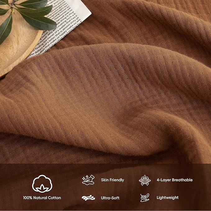 FOSSA Muslin Blanket with Fringe - 4-Layer 100% Cotton Gauze Super Soft & Breathable Throw -Lightweight Decorative Cooling Blanket for Bed, Sofa, Office (Dark Orange, Throw (60" × 50"))