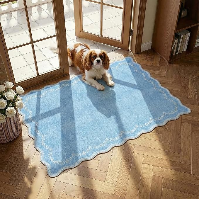 GarveeHome Scalloped Entryway Rug, 2x3 Solid Blue Washable Front Door Rug Indoor Entrance Floral Carpet Non-Slip Low Pile Throw Rugs for Kitchen Floor, Powder Room, Entry, Bathroom, Kids Room