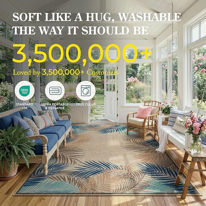 LIVEBOX Modern 3x5 Jute Outdoor Patio Rug, Washable Rugs for Entryway Porch, Tropical Leaf Boho Farmhouse Carpet, Non Slip Front Door Mat for Outdoor Indoor Entryway Guestroom Decor (Olive 3'x5')