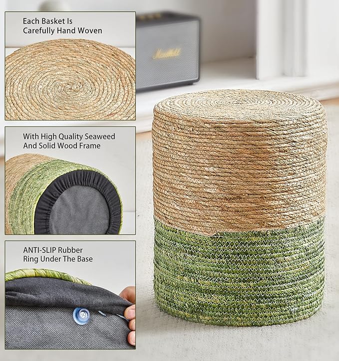 Wimarsbon 2Pcs Pouf Ottomans, Natural Seagrass Foot Stool, Hand Weaving Round Ottoman, Boho Decorative Seat, Jute Braided Pouffe Poof Accent Sitting Footrestfor Living Room