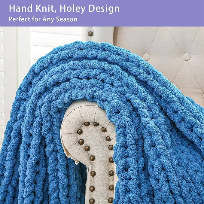 Bigacogo Chunky Knit Throw Blanket for Couch, 40x60 inches, 100% Hand Knitted with Thick Jumbo Chenille Yarn, Cozy Soft Large Rope Knot Cable Crochet Blankets for Sofa Bed Living Room, Bright Blue