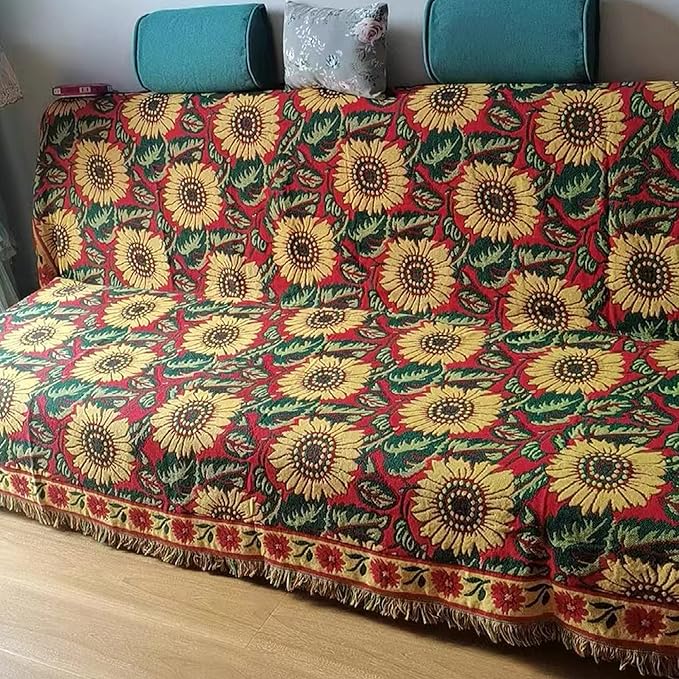 Red Sunflower Throw Blanket with Fringe Boho Throw Blankets Recliner Chair Couch Sofa Cover Woven Reversible Cotton Bohemian Tapestry Hippie Room Home Decor Double Side 50"x70"