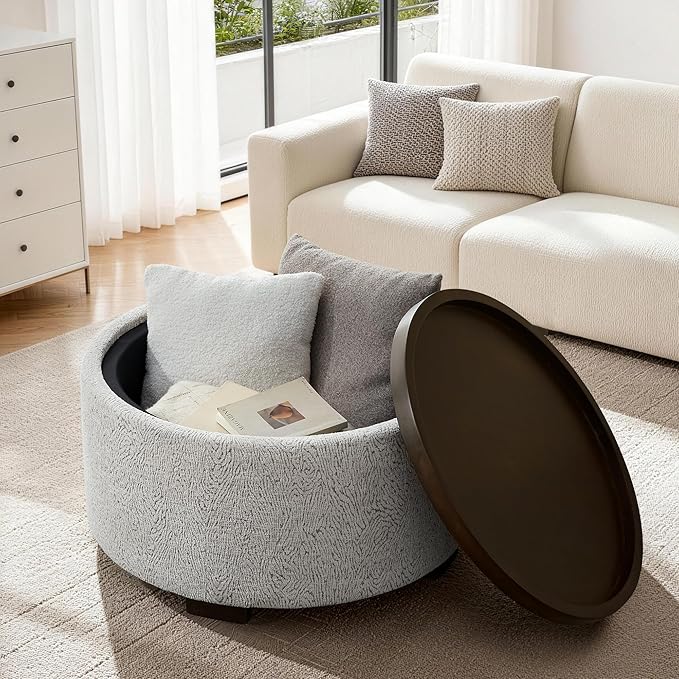 30 Inch Round Storage Ottoman, Ottoman Coffee Table with Lift Off Lid, Boucle Modern Ottomans with Storage for Living Room, Bedroom, Apartments (White and Gray Striped)