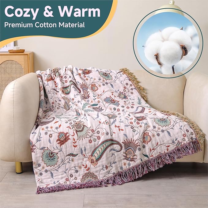Boho Throw Blanket for Bed,100% Ultra Cotton Soft Breathable Bed Throw Floral Printed Farmhouse Decor Rustic Bed Throws for Couch Sofa Quilt White Flowers 90" x 98"