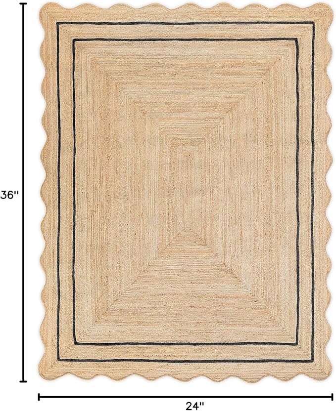 Wave Scalloped Natural Jute Runner, Black (2'x3'): Boho Farmhouse Entryway Scallop Rug