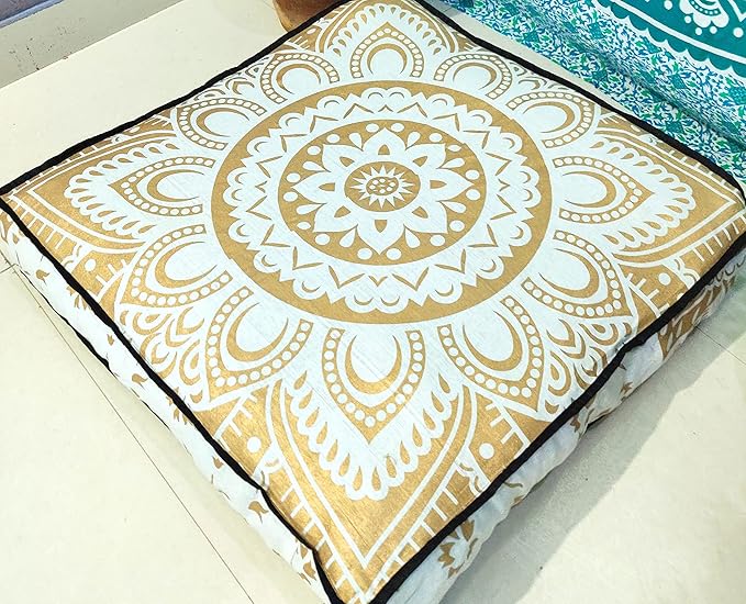 CRAFT KALA Mandala Floor Pillow Cushion Cover Seating Throw Cover Hippie Decorative Bohemian Ottoman Poufs Pom Pillow Cases Boho Indian Cotton Living Room Yoga Home Décor 35" Square, White Gold Flower