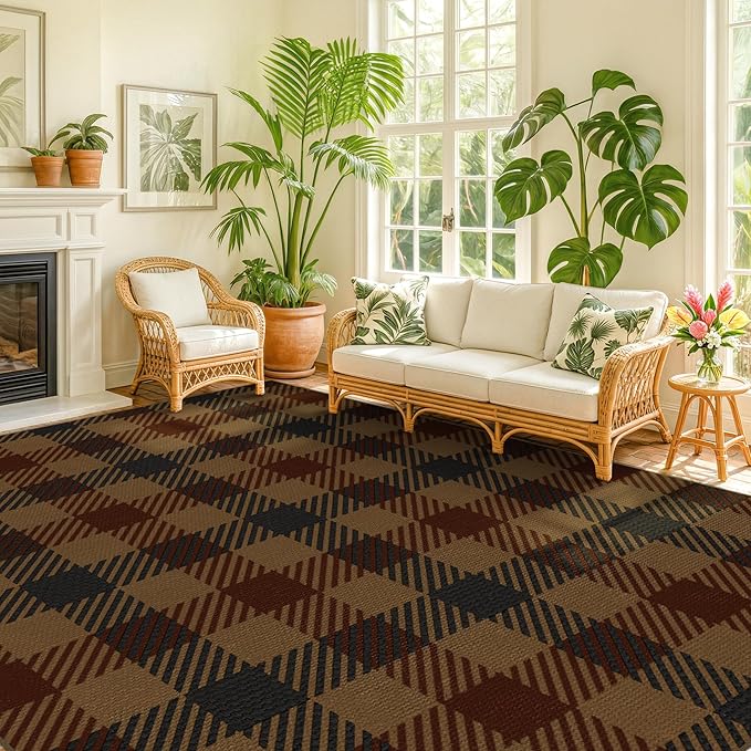 JTJ Vintage Large Plaid Area Rug for Living Room - Classic 8x10 Easy Jute Classic Brown and Red Rug for Bedroom, Dining Room, Outdoor Porch, Neutral Dark Brown Retro Décor