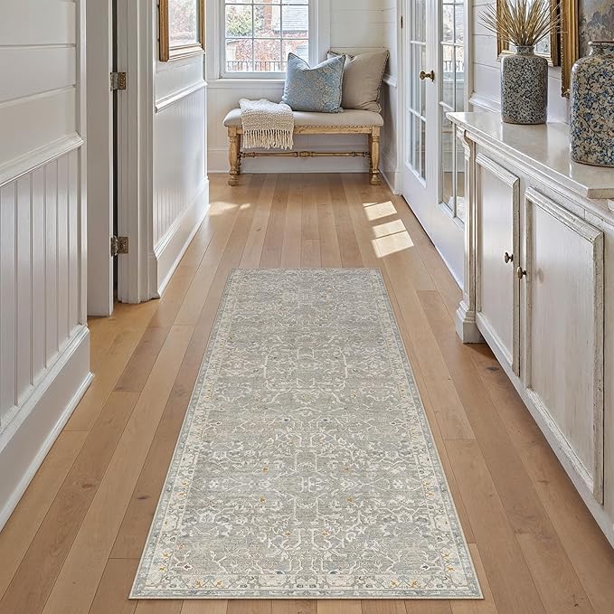 HUGEAR 2x6 Runner Rug Hallway Retro Grey Machine Washable Vintage Floral Low Pile Carpet Vacuumable Distressed Long Throw Rug Bedroom Office Bathroom Kitchen Laundry Non Slip Soft Lightweight