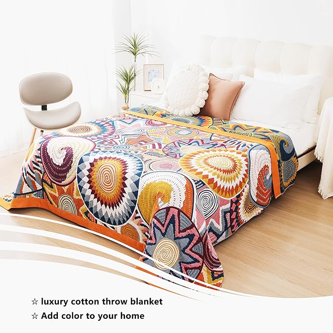 Boho Throw Blanket, 100% Organic Muslin Cotton Skin-friendly Breathable Ultra Soft Bed Quilt Throw - All Season Bohemian Decor Luxury Colorful Blanket for Sofa Couch Chair and Gift. 91" x 98"