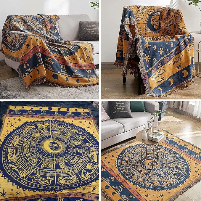 Boho Throw Blankets Woven Reversible Cotton Bohemian Tapestry Hippie Room Decor Witchy Astrology Zodiac Celestial Constellation Carpet Bed Recliner Chair Couch Sofa Cover Double Sided 70"x90"