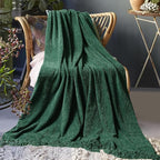 Chenille Throw Blanket for Couch 60"X 80" Twin, Soft Cozy Throws with Fringe Tassel for Bed Sofa Chair Cover, Lightweight Knitted Decorative Boho Blankets for Living Room, Dark Green