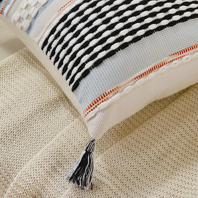 Set of 2 Boho Pillow Covers with Tassels Black White 18x18 Inch Farmhouse Decorative Chenille Tufted Striped Throw Pillow Covers, Neutral Accent Square Pillowcase for Couch Bed Living Room