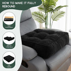 HIGOGOGO Tufted Corduroy Recliner Seat Cushion for Elderly, 20x20x6 Inch Extra Large Square Seat Cushion for Recliner Chair, Floor Pillow, Office Chair, Car, No Pressure on Thighs, Black