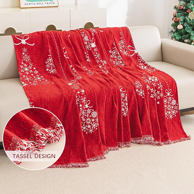 hyha Couch Cover for Dogs, Boho Sofa Covers for 3 Cushion Couch Washable, Chenille Sofa Slipcover for Pets, Soft Loveseat Sectional Couch Throw Blankets with Tassels (Red Snowflakes,88.5x134 Inch)