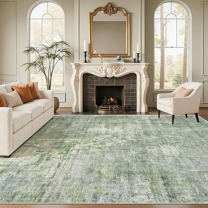 Area Rug 10x12 Vintage Washable Living Room Large Carpet Non Slip Bedroom Indoor Office Dining Room Low Pile Thin Rug Green/Ivory