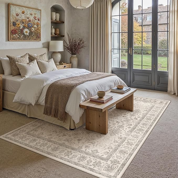 6x9 Area Rug Beige Washable Vintage Carpet Living Room Bedroom Large Non Slip Stain Soft Resistant Low Pile Thin Boho Accent Indoor Throw Rug for Dining Room Office