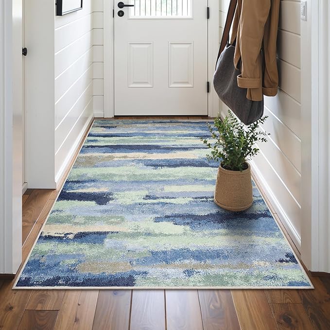 GENIMO 5X7 Washable Modern Area Rugs for Living Room, Non-Slip Low Pile Chenille Print Rug, Soft Rugs for Bedroom Dining Room Home Office, Sage & Tide