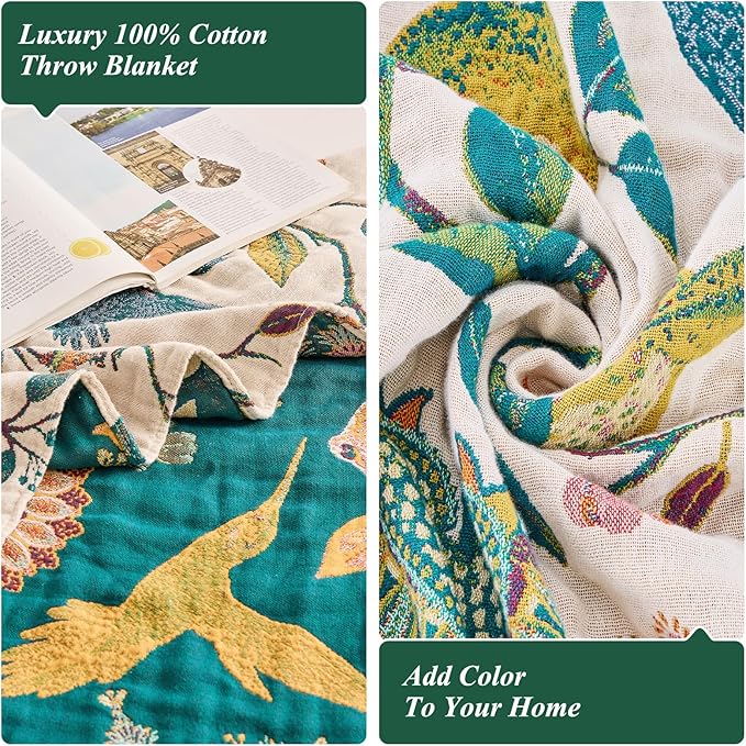 Boho Throw Blanket for Bed - 100% Cotton Ultra Soft Luxury Throw Rustic Fall Quilt,Bird Printed Farmhouse Decor Bed Blankets,Throw for Living Room Sofa Couch Chair(Flower-Bird, 87" x 102")