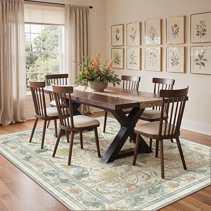 Bavni 8x10 Area Rugs for Living Room, Microfiber Machine Washable Non-Slip Vintage Floral Rug, Low Pile Lightweight Carpet for Bedroom, Dining Room, Home Office, Beige&Green