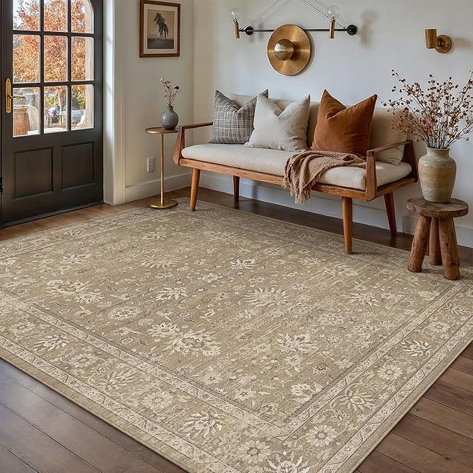 5x7 Area Rug Brown Washable Vintage Carpet Living Room Bedroom Non Slip Stain Soft Resistant Low Pile Thin Boho Accent Indoor Throw Rug for Dining Room Office