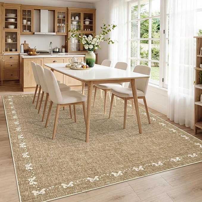 GarveeHome Bow Washable 8x10 Area Rug for Living Room Non Slip Soft Bedroom Rugs Solid Light Brown Bordered Rug Low Pile Stain Resistant Carpet for Nursery Dining Room Playroom Classroom, Light Brown