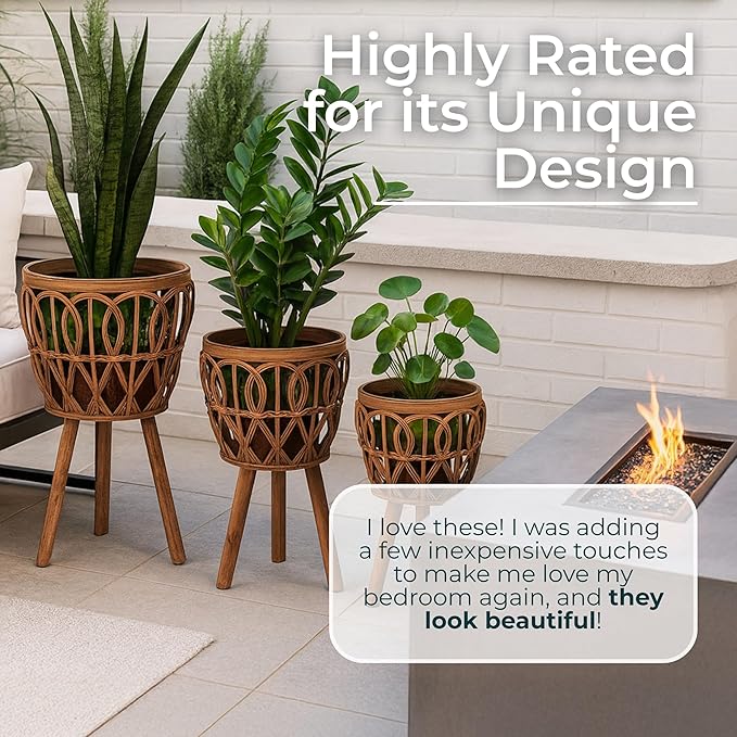 Set of 3 Woven Decorative Planter Pot with Stand – Wooden Bamboo & Plywood Outdoor & Indoor Plant Pot – Boho Garden & Home Decor Planters – 20", 23", & 26", Brown
