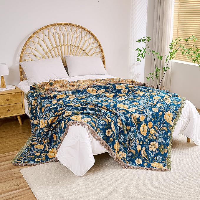 Boho Throw Blanket, 100% Organic Cotton Breathable Ultra Soft 50" x 60" Bed Quilt Blue Throw - All Season Bird Floral Rustic Farmhouse Decor Reversible Blanket for Couch Chair and Gift