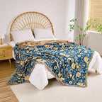 Boho Throw Blanket, 100% Organic Cotton Breathable Ultra Soft 60" x 80" Bed Quilt Blue Throw - All Season Bird Floral Rustic Farmhouse Decor Reversible Blanket for Couch Chair and Gift