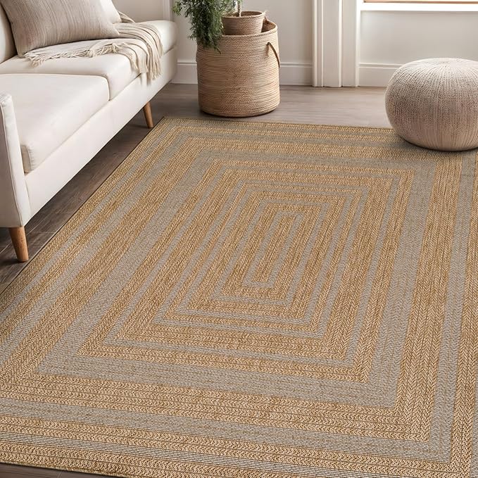 Beverly Rug Easy Jute Framed Border Rug 4x6 Washable Durable Indoor Outdoor Area Rugs for Living Dining Room Patio Office Stain Resistant Non Shedding Casual Indoor Outside Carpet 4 x 6 Natural